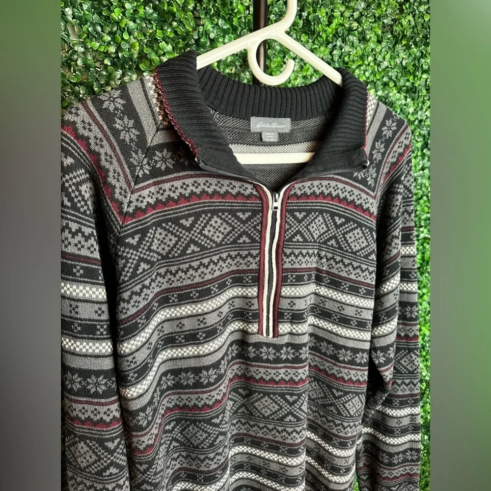 Eddie Bauer Men’s XL 1/4 Zip Black & Red Nordic Fair Isle Sweater